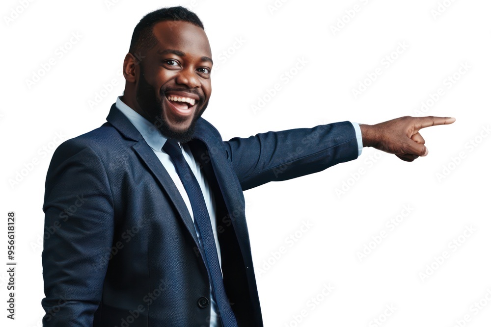 Poster a man in a suit is pointing to the right