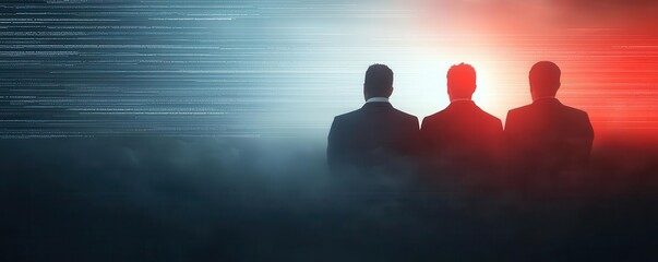 Development team brainstorming, surrounded by floating digital code, glitch art, monochrome with red accents