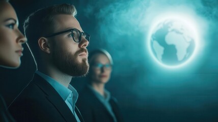 Diverse team in a modern office, strategizing around a holographic globe, pop art style, vibrant colors