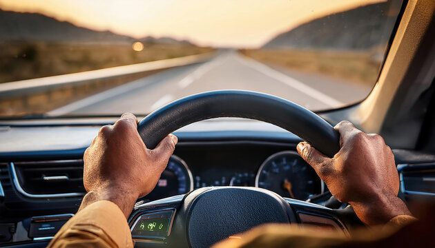 Close-up of a driver's hands gripping the steering wheel during a road trip on the highway.