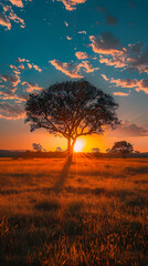 Sunrise over the savanna and grass fields in central Kruger National Park in South Africa