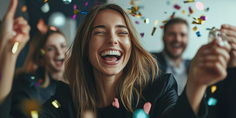 Joyful business woman celebrating with colleagues, business people having fun in office