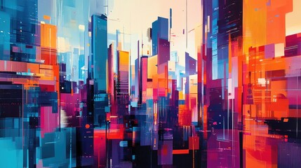 Abstract Cityscape with Vibrant Colors and Geometric Shapes
