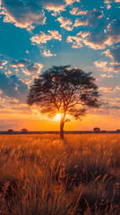 Fototapeta premium Sunrise over the savanna and grass fields in central Kruger National Park in South Africa