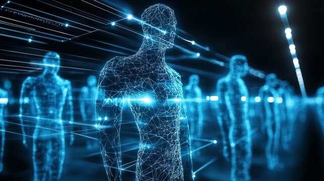 Figure Umane Digitali Futuristiche in una Rete di Luci e Linee che Rappresentano la Connettivit&agrave; dei Dati e l'Intelligenza Artificiale