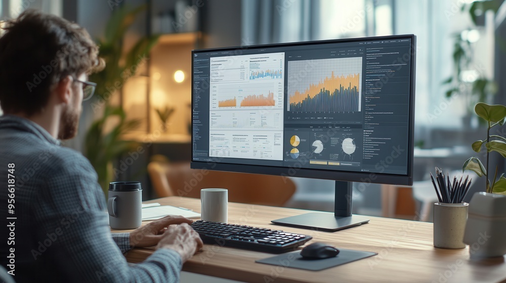 Poster an expert analyzes complex data on a large monitor at a well-organized desk, accompanied by a coffee