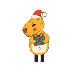 Christmas Capybara Holding Gift Box. Cute hand drawn exotic animal in Santa hat with present. Bright cartoon print for greeting card. Vector illustration