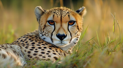 A stunning close-up of a cheetah lying in the grass, its eyes focused intently on something in the distance.