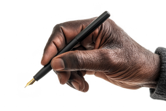 Close-Up of Elderly African Hand Writing with Fountain Pen Isolated Transparent Background