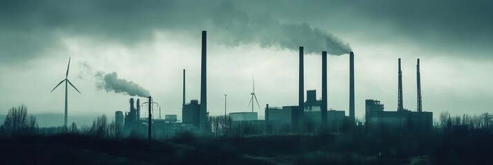 Fototapeta premium The contrast between old factories and modern wind turbines illustrates the transition from coal mining to sustainable energy practices. Generative AI