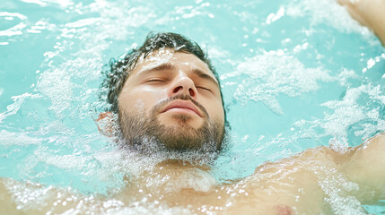 Man submerged in foam or bubbles, appearing distressed in an intense moment, possibly from a dramatic or sci-fi scene, with signs in the background
