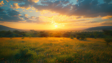 Sunrise over the savanna and grass fields in central Kruger National Park in South Africa
