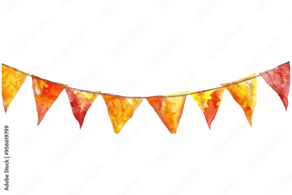 Poster a row of orange and yellow flags are hanging on a white background