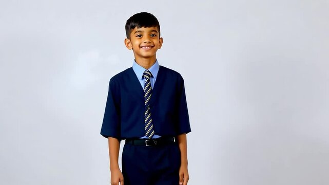 Young schoolboy in a uniform stands against a white background, changing poses and facial expressions while radiating happiness and confidence in a lively manner