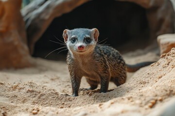A Curious Dwarf Mongoose Emerging from a Burrow
