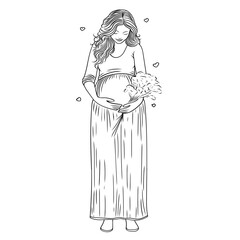 pregnant woman with flowers illustration isolated line art design