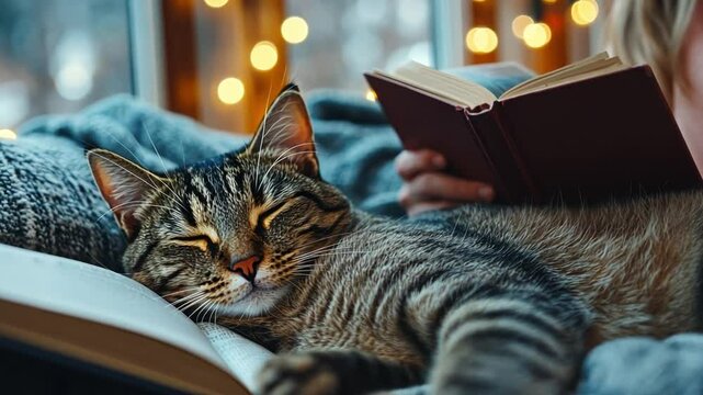 A couple relaxing at home with their cat, each reading a book while the cat naps, illustrating the peaceful coexistence of pets and their owners in daily life.