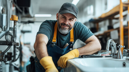 Smiling plumber wearing a cap and yellow gloves working on a kitchen sink in a workshop setting. The image captures a close-up view of the plumber's face and tools.