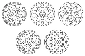 5 Halloween Mandala Vector Illustrations In Black And White, Perfect For Coloring Or making Coloring Books. Each Design Features Halloween-Themed Elements Like Pumpkins, Spiders, Candy, Tombstones.