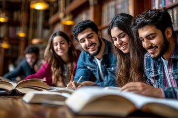 A group of students study together in a library, sharing a moment of laughter while surrounded by books, emphasizing their focus and camaraderie in a studious environment.