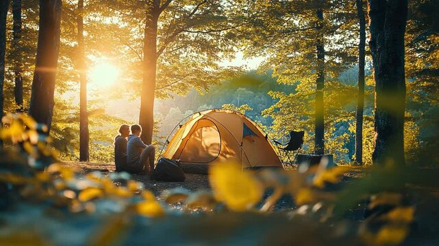 A couple setting up their tent at a forest campsite, with sunlight filtering through the trees, illustrating the joys of camping and connecting with nature.