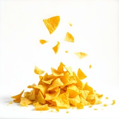 Naklejka premium Pile tortilla chips crumbs, yellow pieces flying isolated on white background high saturation