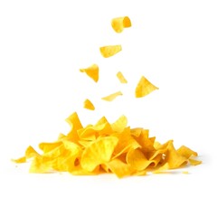 Fototapeta premium Pile tortilla chips crumbs, yellow pieces flying isolated on white background high saturation