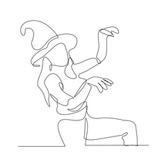 Continuous single line sketch drawing of woman witch wizard magician cone hat halloween costume do magic trick one line vector illustration