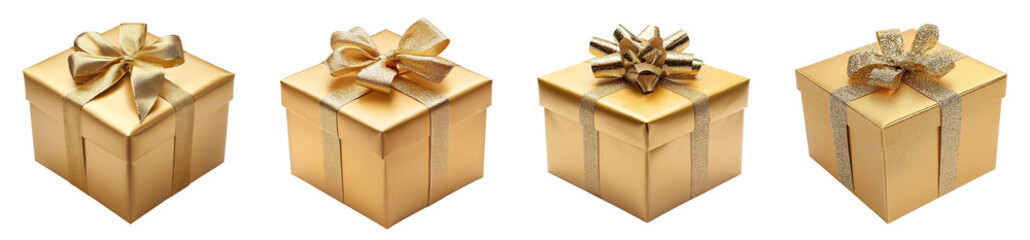 Obraz premium Gold Gift Box with Ribbon and Bow, Isolated on Transparent Background