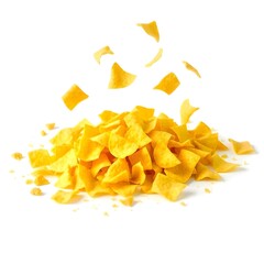 Fototapeta premium Pile tortilla chips crumbs, yellow pieces flying isolated on white background high saturation