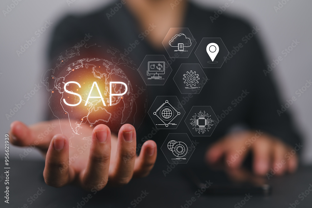 Poster SAP or ERP enterprise resources planning system concept - Person hold virtual globe with SAP word for business process automation software and management software (SAP)