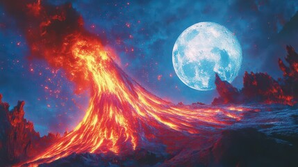 A volcano erupting under a full moon, the molten lava spiraling into the sky forming fiery patterns, Psychedelic, Bright red and cool blue, Digital art, Elemental dance