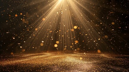 Golden confetti falling on a stage under spotlights.