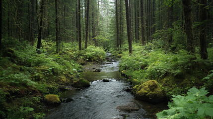 Obraz premium A narrow creek flowing through a dense forest in spring, surrounded by fresh green growth.