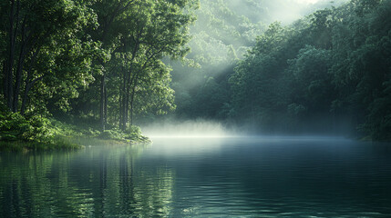 A serene lake in a dense forest, with mist rising off the water in the early morning