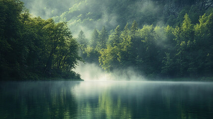 A serene lake in a dense forest, with mist rising off the water in the early morning
