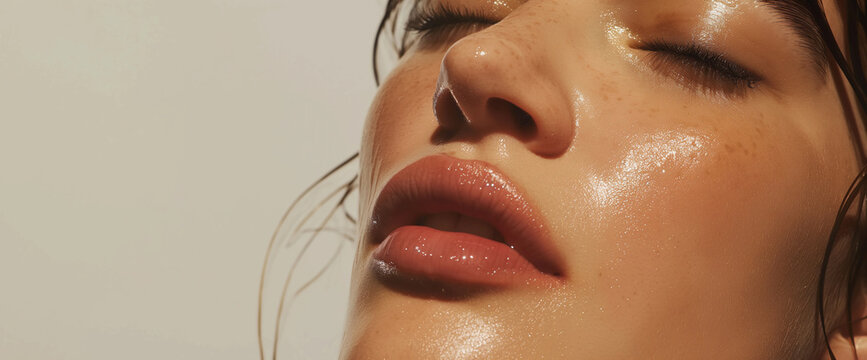 Beautiful brunette woman with clean glowy dewy skin, close up with gray background