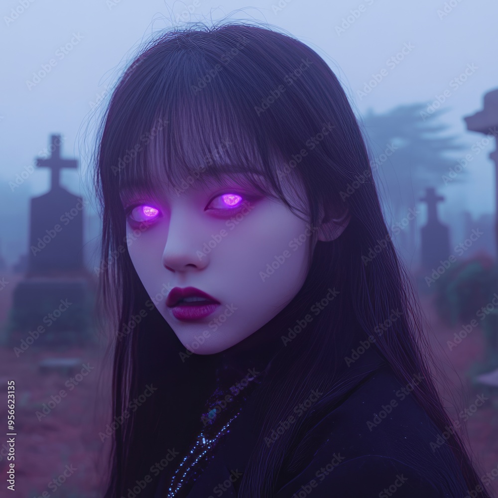 Canvas Prints A young woman with glowing purple eyes stands in a foggy graveyard.