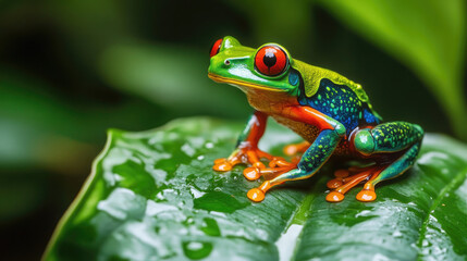 Obraz premium Amazonian poison dart frog on a leaf, its bright colors contrasting with the rich greenery of the rainforest