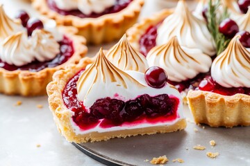 cranberry tarts with a smooth, glossy filling, garnished with piped meringue rosettes and peaks