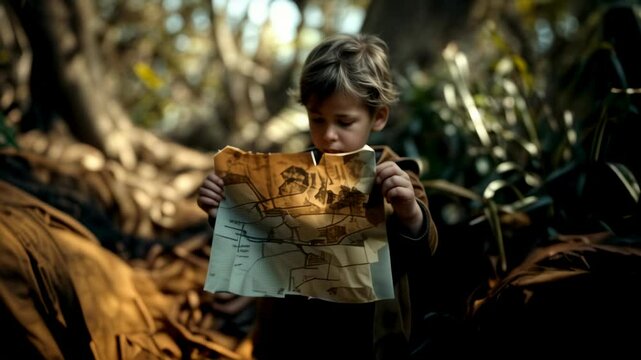 Child explorer holding vintage map treasure hunt adventure in nature forest, fun kids activities