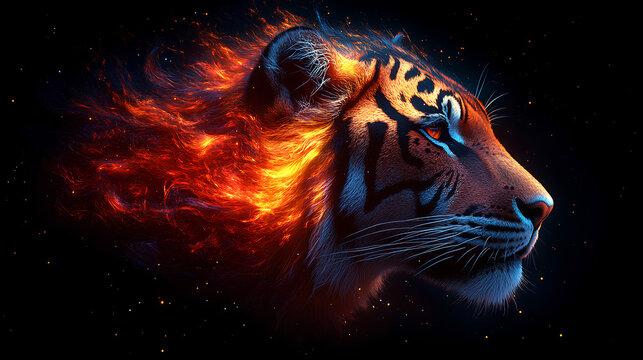 tiger, the head of a tiger in a multi-colored flame. Abstract multicolored profile portrait of a tiger head on a black background