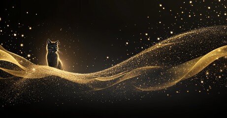 The fragrance flow looks like golden glimmering liquid with glitter fluid sparkles and gleaming flares. The background appears to be golden smoke particles with glitter smoke particles.