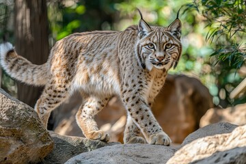 Fototapeta premium A Lynx Standing on Rocks in a Forest Setting