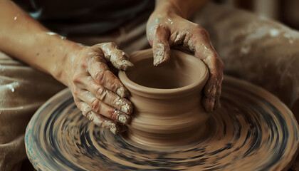 An Image of a Potter’s Hands Shaping Clay on a Spinning Wheel, with Soft Ambient Lighting Highlighting the Focus and Craftsmanship Involved in Labor.
