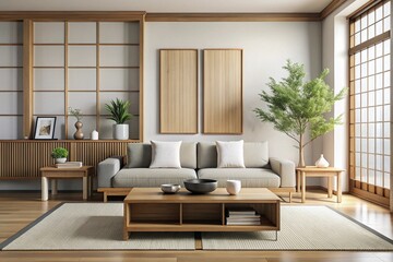 Fototapeta premium Square coffee table near white sofa and rustic cabinets against white wall with blank poster frames with copy space. Japanese home interior design of modern living room