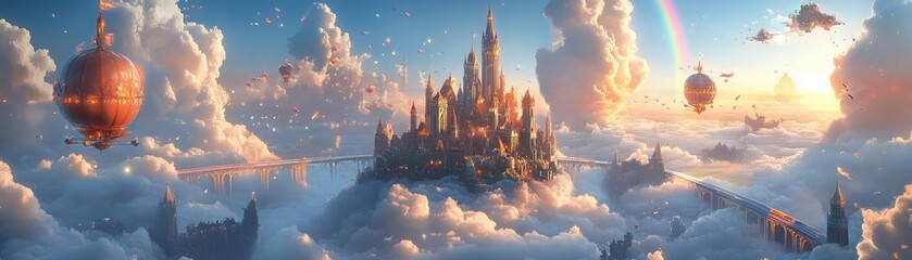 Fototapeta premium Sky kingdom, with castles on clouds, rainbow bridges, and floating airships, fantasy environment, 3D illustration