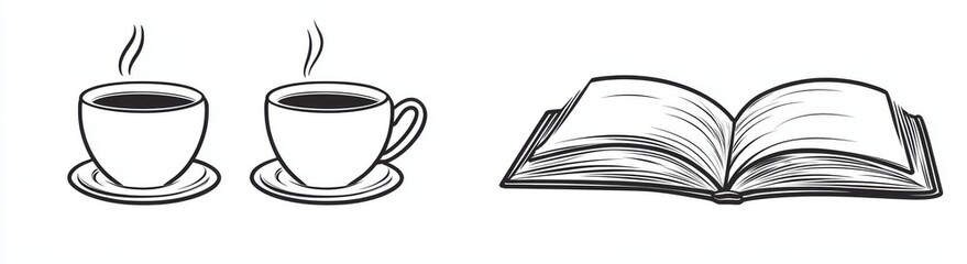 Drawing of a book, coffee, and pen. A diary and knowledge library concept written in simple linear style. Editable stroke.