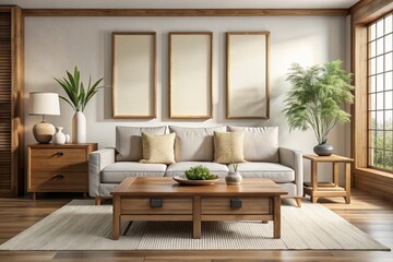 Fototapeta premium Square coffee table near white sofa and rustic cabinets against white wall with blank poster frames with copy space. Japanese home interior design of modern living room