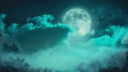 A serene and mysterious scene of a mist-covered forest illuminated by a full moon. 